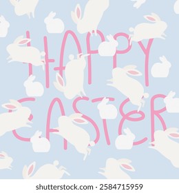 Happy Easter greeting card. Cute vector pattern with cute white bunnies. Rabbits print design for greeting card, invitation or background. Wild animals on a blue background