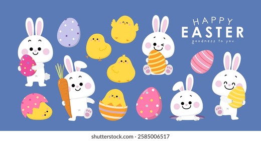 Happy Easter greeting card with cute yellow chick, colourful eggs, bunny and rabbit. Animal wildlife holiday cartoon character. -Vector.