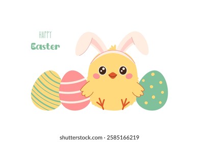 Happy Easter greeting card with cute yellow chick and colourful eggs. Easter chick with rabbit ears. Flat vector illustration