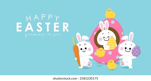 Happy Easter greeting card with cute yellow chick, colourful eggs, bunny and rabbit. Animal wildlife holiday cartoon character. -Vector.