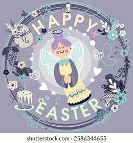 Happy Easter greeting card with cute little angel and Easter cake. Vector illustration.