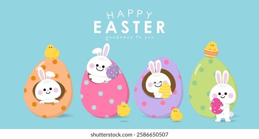 Happy Easter greeting card with cute yellow chick, colourful eggs, bunny and rabbit. Animal wildlife holiday cartoon character. -Vector.