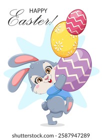 Happy Easter greeting card. Cute bunny cartoon character flying on balloon in a shape of a heart