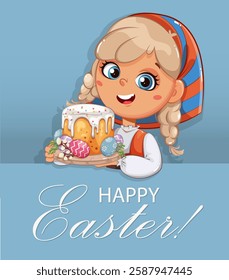 Happy Easter greeting card. A cute little girl holds an Easter cake and painted eggs.