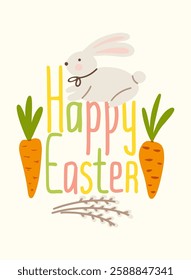 Happy Easter greeting card with cute bunny carrots and festive lettering vector illustration