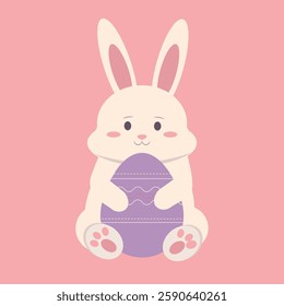 Happy Easter greeting card with cute white bunny and eggs