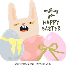 Happy Easter Greeting Card with Cute White Bunny and Easter Eggs. Vector Illustration