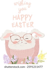 Happy Easter Greeting Card with Cute White Bunny. Vector Illustration