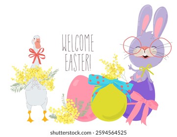 Happy Easter Greeting Card with Cute Bunny. Vector Illustration