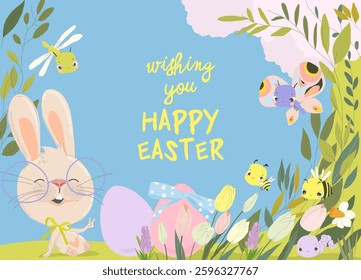 Happy Easter Greeting Card with Cute Bunny. Vector Illustration