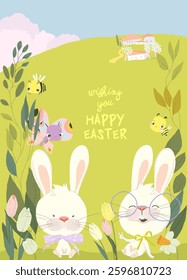 Happy Easter Greeting Card with Cute Bunny. Vector Illustration