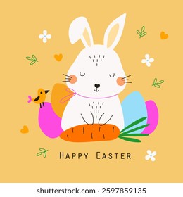 Happy Easter greeting card with cute banny. Vector illustrations