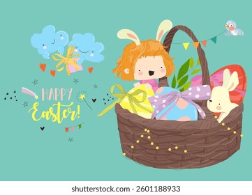 Happy Easter Greeting Card with Cute Girls and Easter Eggs. Vector Illustration