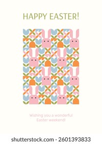 Happy Easter greeting card with cute bunnies and spring flowers. Creative Easter design concept.