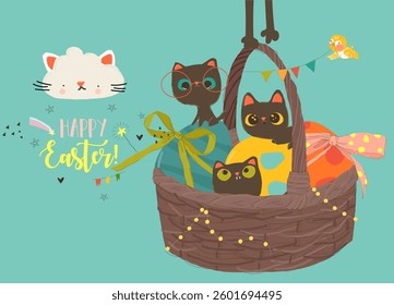 Happy Easter Greeting Card with Cute Cats and Easter Eggs. Vector Illustration
