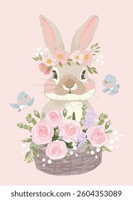 Happy Easter Greeting Card with Cute Bunny and Flowers. Vector Illustration