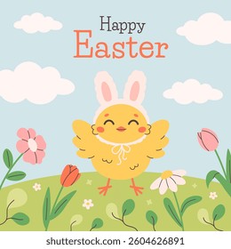 Happy Easter greeting card with cute chick in bunny ears costume on spring meadow. Design for cards, posters, banners. Vector illustration in flat style