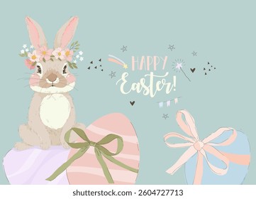 Happy Easter Greeting Card with Cute Bunny and Easter Eggs. Vector Illustration