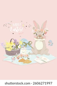 Happy Easter Greeting Card with Cute Bunny and Easter Elements. Vector Illustrationv