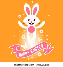 Happy Easter greeting card with cute white bunny and pink ribbon