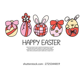 Tarjeta de felicitación de Pascua feliz con los huevos decorados dibujados a mano lindos, las orejas del conejo, y el polluelo. Borde de huevo de Pascua kawaii con arcos, estrellas y patrones en colores pastel sobre fondo blanco.