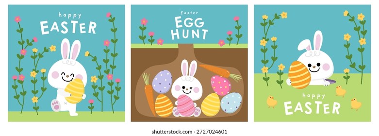 Frohe Ostern Grußkarte mit niedlichen bunten Eiern, Hase, Kaninchen und Blume. Tierische Tierwelt Urlaub Cartoon Charakter. Vektor.