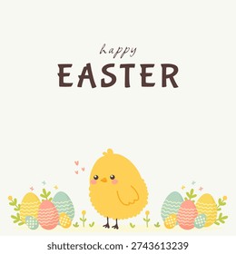 Happy Easter greeting card with cute chick and painted eggs vector illustration.