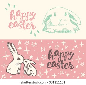 Happy Easter greeting card with cute easter bunny, easter rabbit