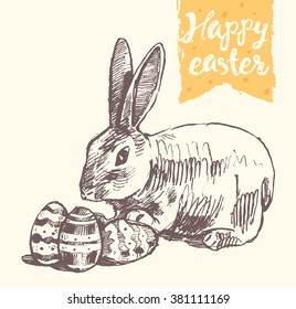 Happy Easter greeting card with cute easter bunny and easter eggs