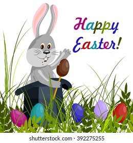 Happy Easter greeting card. Cute gray rabbit in magic hat eating a chocolate egg. Green grass with colored eggs. Vector illustration on white background.