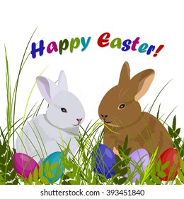 Happy Easter greeting card. Cute gray and brown rabbits sitting in green grass with colored eggs. Vector illustration on white background.
