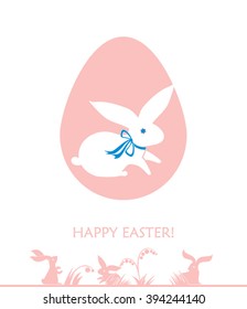 Happy Easter greeting card. Cute White Rabbit and Easter egg.