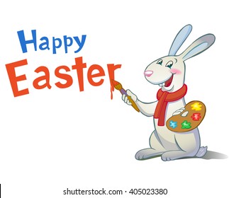 Happy Easter greeting card with Cute Easter Bunny on white background.