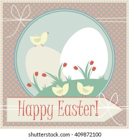 Happy easter greeting card with cute chickens, eggs and tulips.
