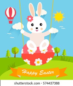 Happy Easter Greeting Card with cute bunny swinging on Easter egg, vector illustration
