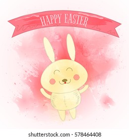 Happy Easter Greeting Card with Cute Rabbit and Watercolor Splashes. Vector Illustration