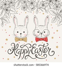 Happy Easter greeting card with cute rabbits, spring blossom branch, lettering