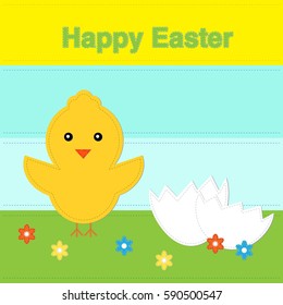 Happy Easter greeting card with a cute chicken. Application of the felt or fabric. Vector illustration.