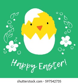 Happy easter greeting card. Cute chicken with broken egg and floral decoration. Hatching chick. Holiday spring cartoon card. Congratulation with Easter. Doodle hand  illustration. Kids style.