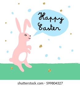 Happy Easter greeting card with cute bunny and golden glitter texture. Vector illustration