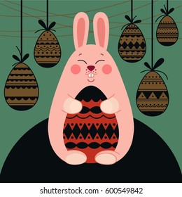 Happy Easter greeting card. Cute Easter bunny and eggs. Vector illustration.