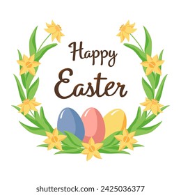 Happy easter greeting card. Daffodils spring wreath and eggs. Easter round text frame. Flowers border decoration.