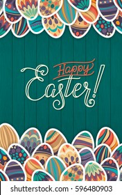 Happy Easter Greeting Card. Dark Green Wooden Background Hand Lettering.  Congratulations Happy Holiday. Easter Egg Hunt.