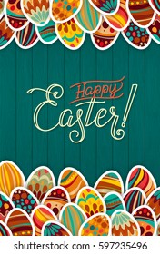 Happy Easter Greeting Card. Dark Green Wooden Background Hand Lettering.  Congratulations Happy Holiday. Easter Egg Hunt.