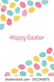Feliz tarjeta de felicitación de Pascua. Huevos de Pascua decorados con fondo blanco. Ilustración vectorial en estilo plano