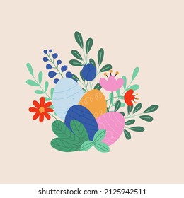 Happy Easter greeting card decorated with colored easter eggs and cute flowers and leaves. Element celebration of the spring holiday. Hand drawn Happy Easter template. Vector illustration cartoon flat