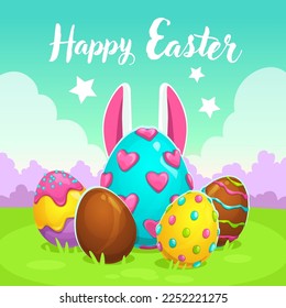 Happy Easter greeting card with decorated eggs on the grass, bunny ears and text on spring background. Cute colorful holiday vector illustration in cartoon style.