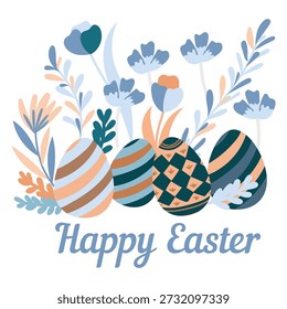 Tarjeta de felicitación de Pascua feliz con los huevos decorados, las flores y los Elementos de la primavera, Ilustración vectorial pastel