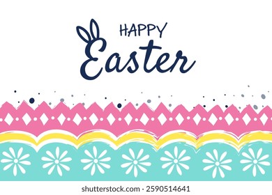 Happy Easter. Greeting card with decorations. Painted egg design. Vector illustration