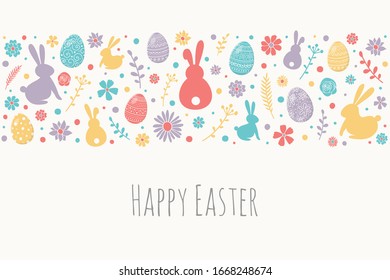  Feliz Pascua. Tarjeta de saludo con huevos decorativos, conejillos y flores sobre fondo blanco. Vector